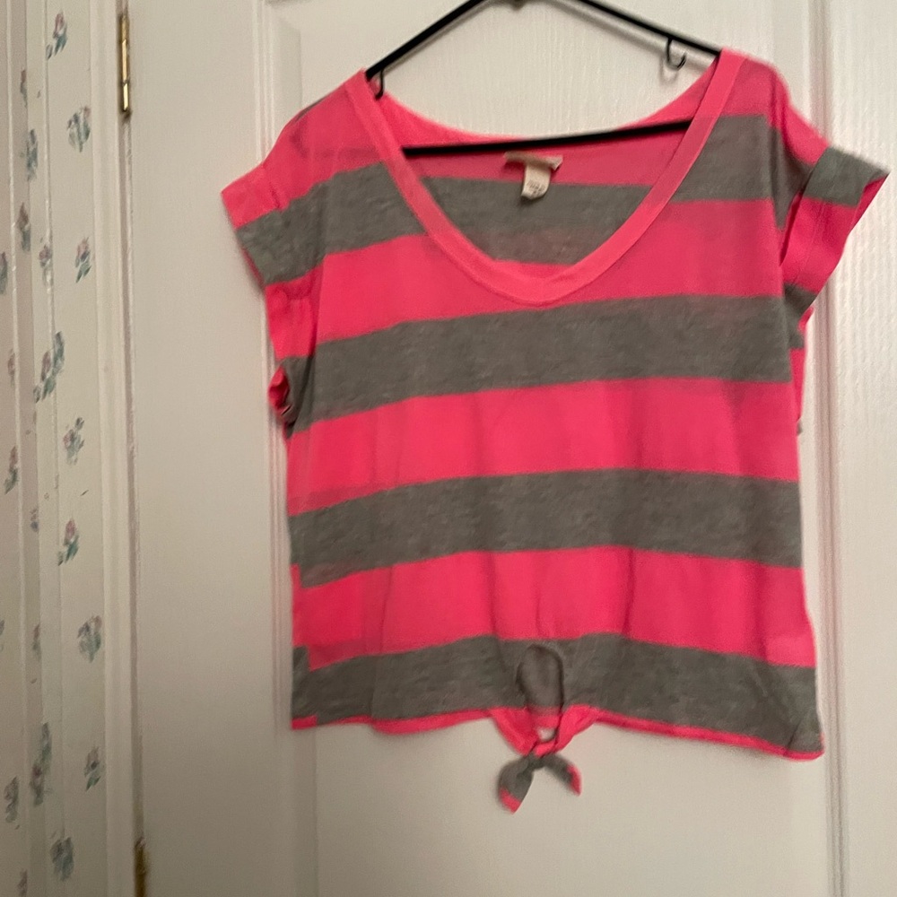 Pretty Rebellious Neon Pink and Gray Striped Crop Top